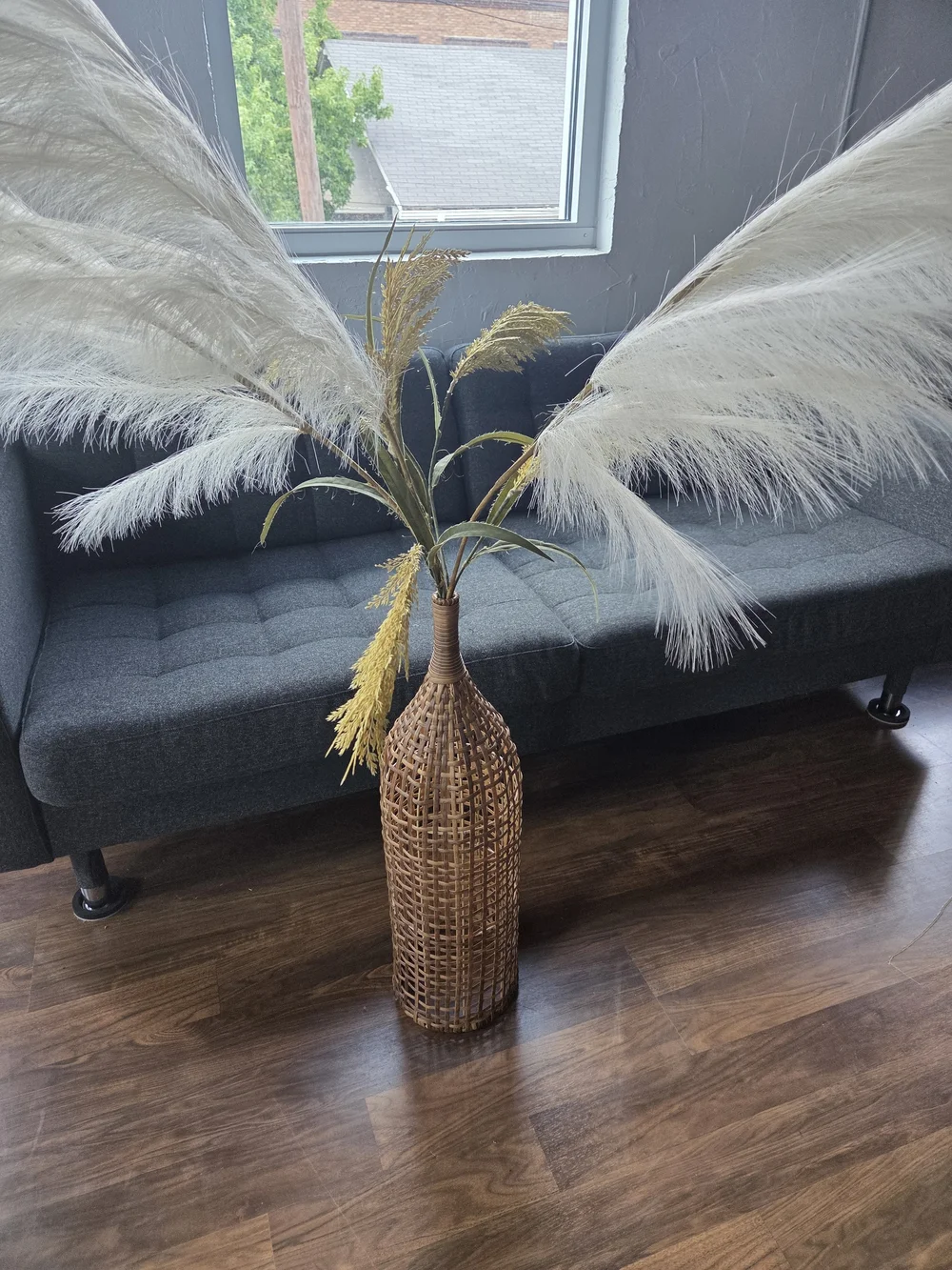 Woven Rattan Floor Vase with White Pampas Grass and Gold Accents